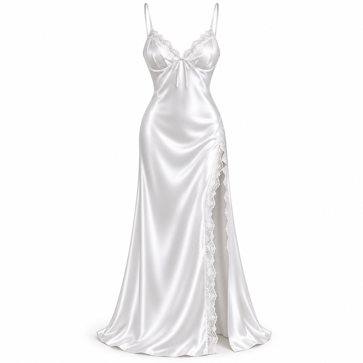 Bridal Satin Lace-Slit Long Gown