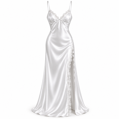 Bridal Satin Lace-Slit Long Gown