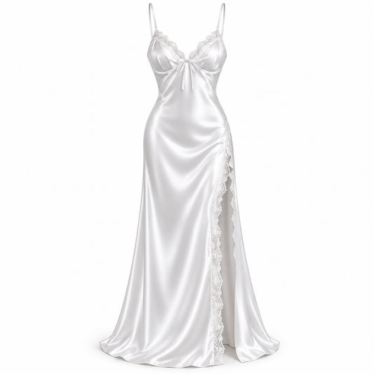 Bridal Satin Lace-Slit Long Gown