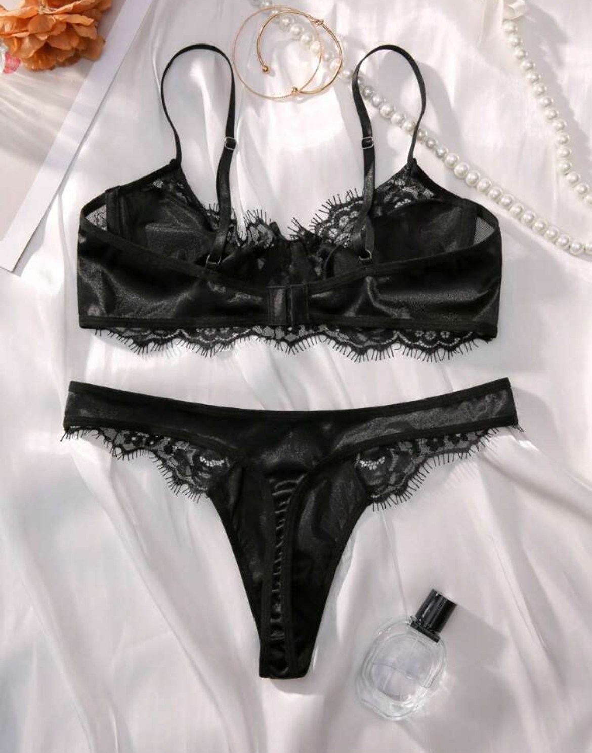 Noir Satin Lace Set